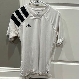 Small adidas dri fit shirt, white with black stripes on right shoulder